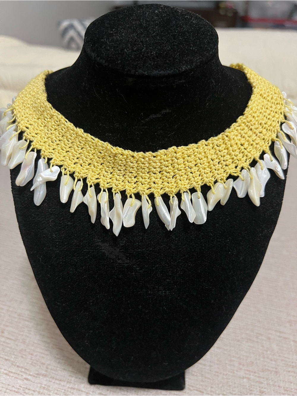 Yellow Crochet Collar Necklace with White Shell Pendants
